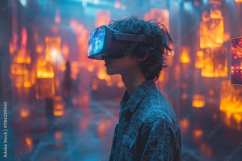 Obraz premium Young Man Exploring Virtual Reality in an Urban Digital Environment