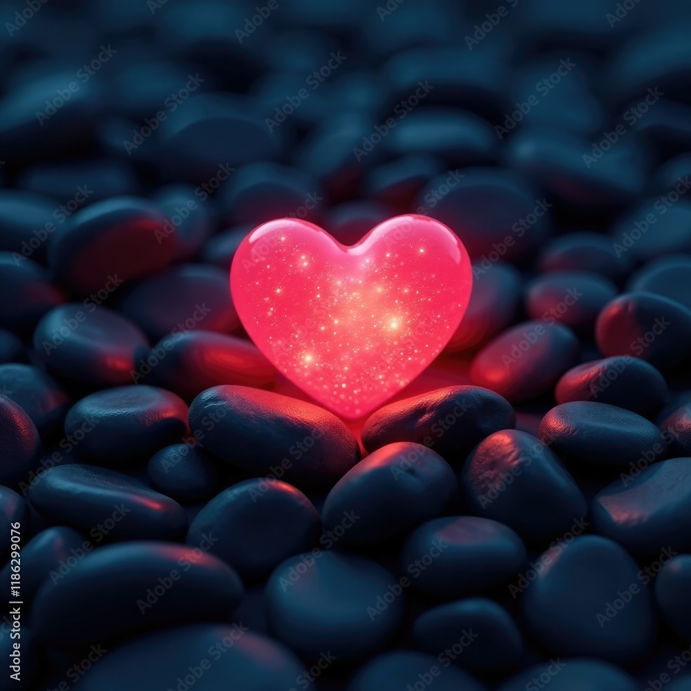 Pebbles scattered around a glowing heart in darkness, pebbles, peaceful, night Pebbles scattered around a glowing heart in darkness, pebbles, peaceful, night