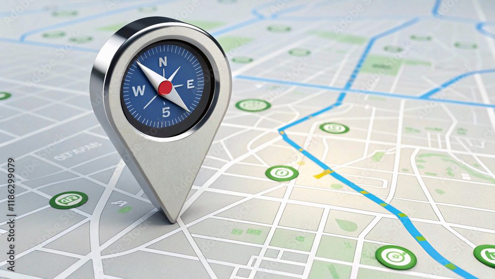 A sleek compass embedded in a location pin on an interactive city map symbolic representation of GPS navigation with a compass and map interface. A sleek compass embedded in a location pin on an interactive city map symbolic representation of GPS navigation with a compass and map interface.