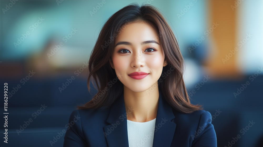 Fototapeta premium Confident Asian woman in business suit, smiling warmly in modern office setting.