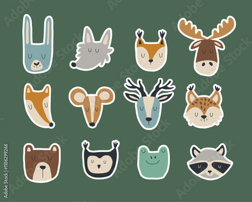 Collection of forest animals set. Hand drawn faces of wild animals. Cute animal stickers collection of stickers for your diary or planner. photo