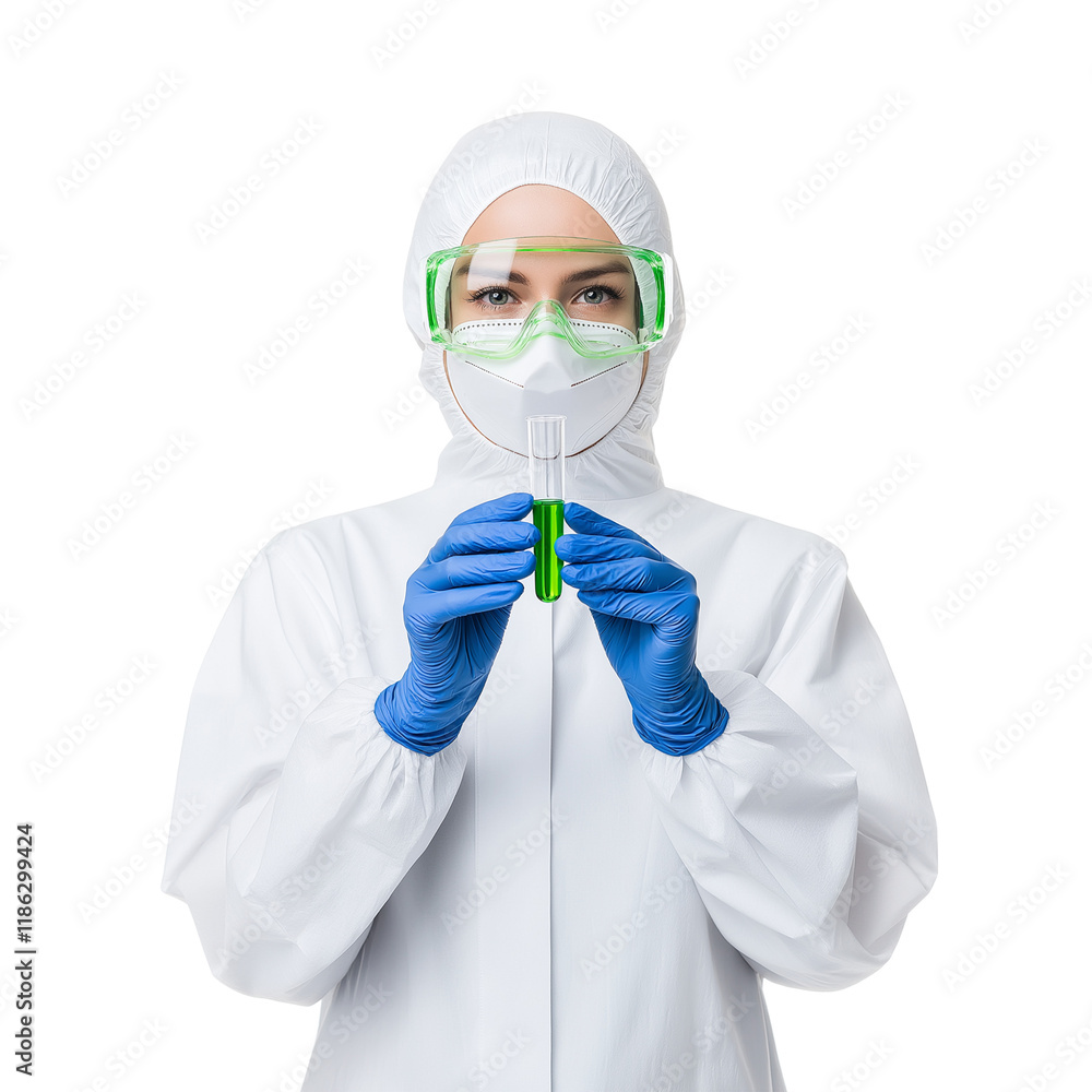 Fototapeta premium Scientist with Test Tube | Laboratory Work, Protective Gear, Isolated Researcher
