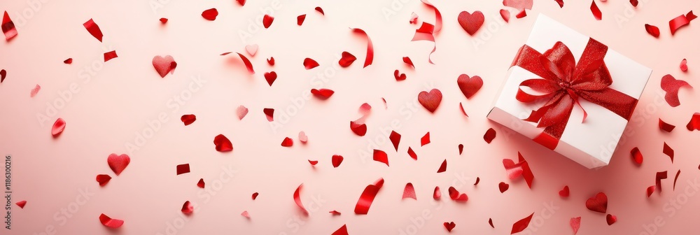 A charming white gift box adorned with a vibrant red bow, surrounded by playful red hearts, perfect for expressing love on Valentine's Day. A charming white gift box adorned with a vibrant red bow, surrounded by playful red hearts, perfect for expressing love on Valentine's Day.
