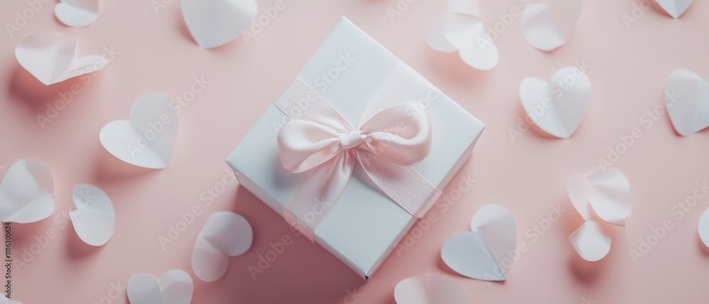 A charming white gift box adorned with a delicate pink bow, exuding love and joy, perfect for celebrating Valentine’s Day moments of affection. A charming white gift box adorned with a delicate pink bow, exuding love and joy, perfect for celebrating Valentine’s Day moments of affection.