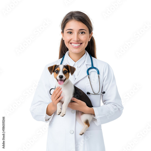 Smiling Veterinarian Holding Puppy | Animal Care, Female Vet, Isolated Portrait photo