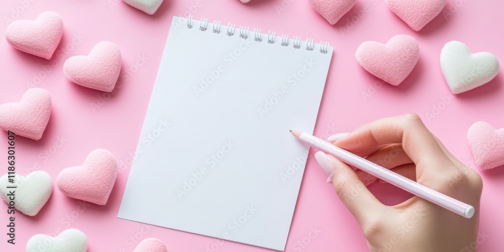 A heartfelt scene unfolds as a hand pens sweet notes on a notepad, surrounded by vibrant hearts, embodying the love of Valentine's Day. A heartfelt scene unfolds as a hand pens sweet notes on a notepad, surrounded by vibrant hearts, embodying the love of Valentine's Day.