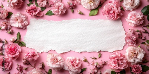 A delicate piece of paper rests atop another, embraced by beautiful pink flowers, creating a romantic and enchanting Valentine's Day atmosphere.