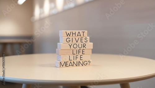 A stack of wooden blocks on a table asks, 