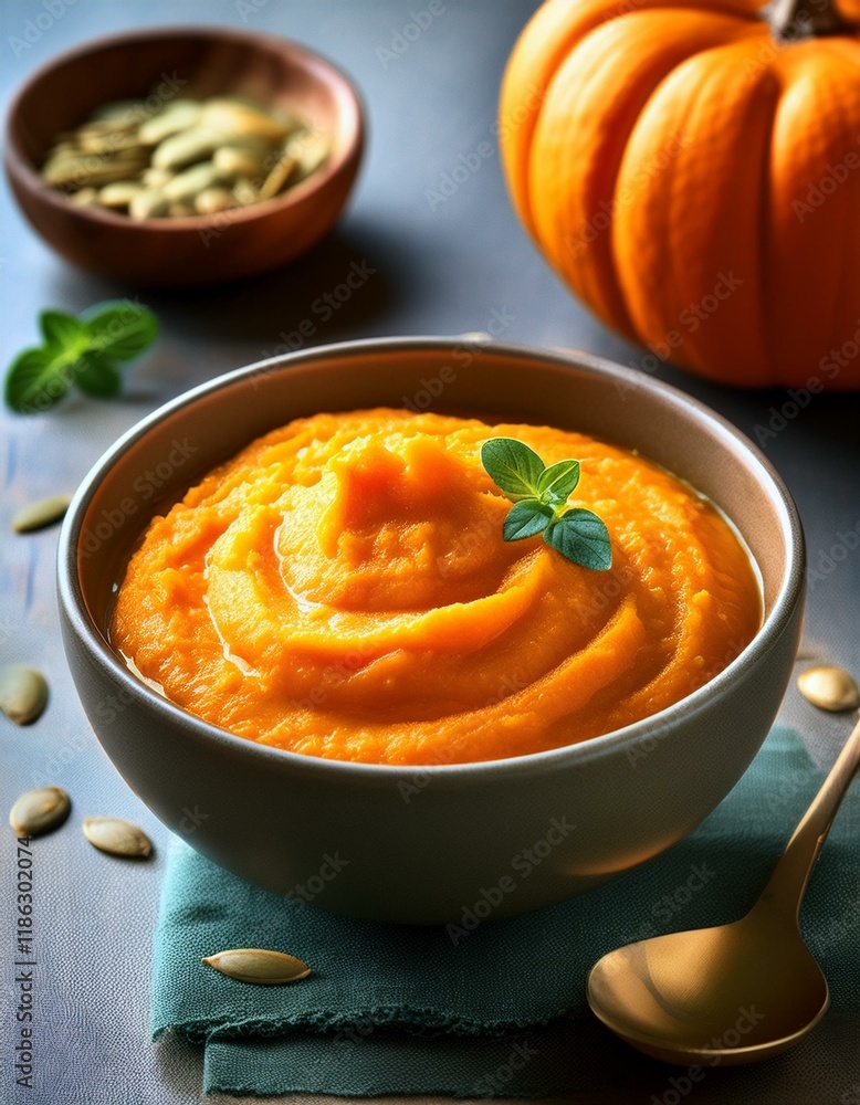 Fresh pumpkin puree served in bowl on blue background Fresh pumpkin puree served in bowl on blue background