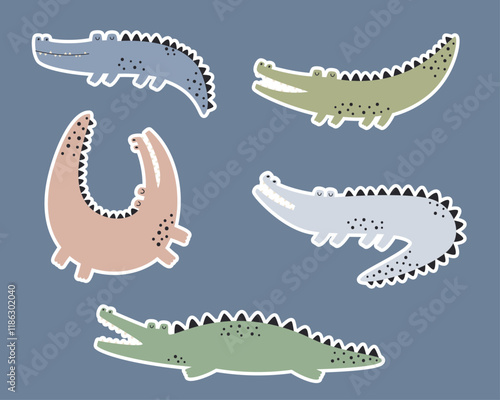 Cute colorful crocodiles in different poses sticker set. Hand drawn African predator crocodile.