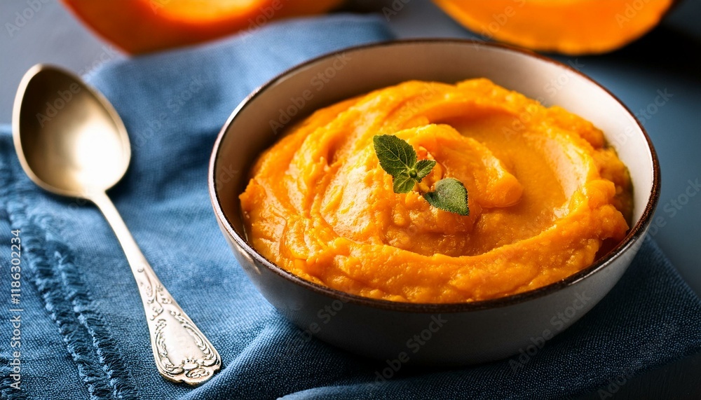 Fresh pumpkin puree served in bowl on blue background Fresh pumpkin puree served in bowl on blue background