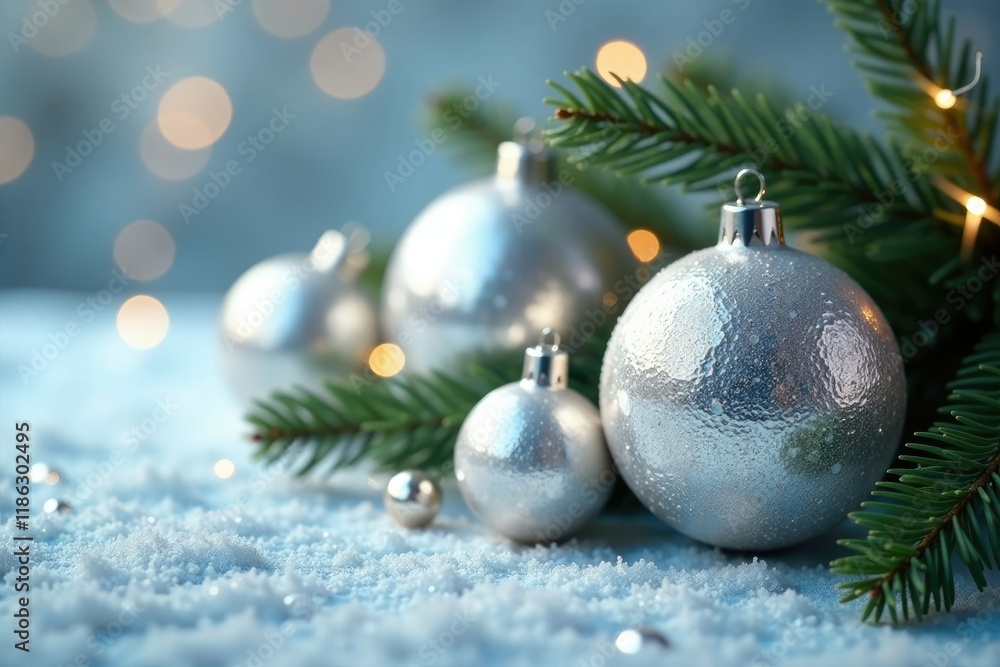 Shimmering silver ornaments amidst frosted glass, wintry, crystal clear, baubles Shimmering silver ornaments amidst frosted glass, wintry, crystal clear, baubles