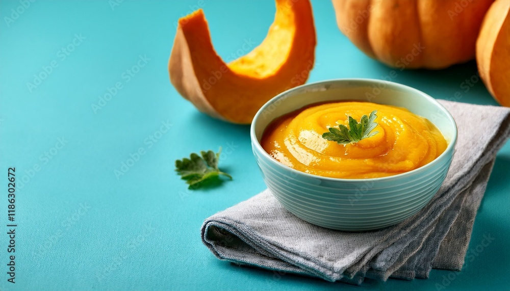 Delicious pumpkin puree served in bowl on blue background