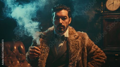 man in a fur coat standing with a pipe cigarette case smoke and Mysticism clubs magic Faire show photo