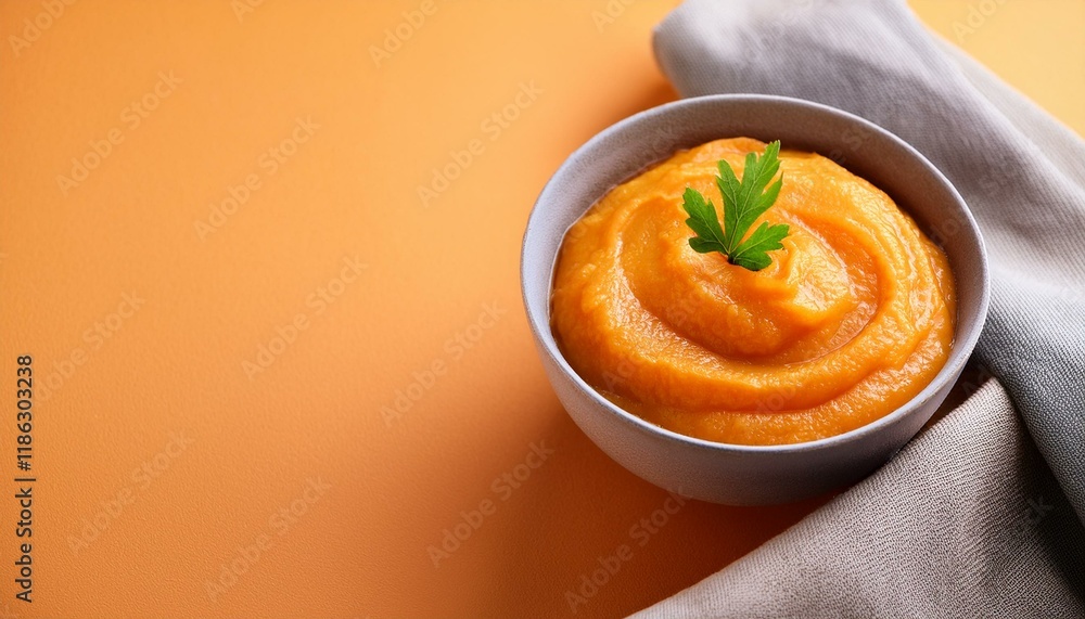 Delicious pumpkin puree served in bowl on orange background Delicious pumpkin puree served in bowl on orange background