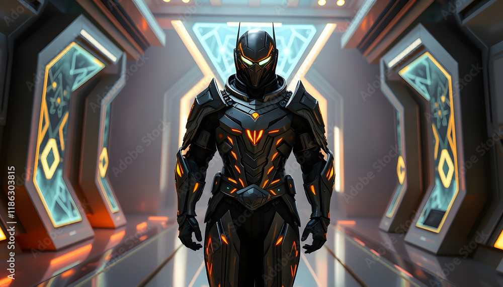 A person in futuristic armor standing in a room with glowing portals and energy, origami, with white tones A person in futuristic armor standing in a room with glowing portals and energy, origami, with white tones