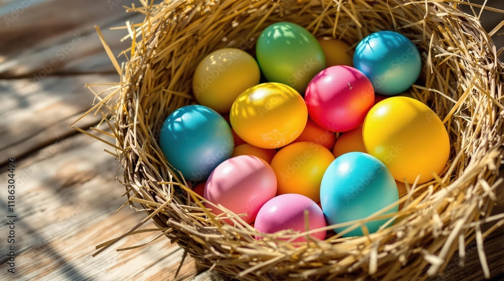 Colorful Easter eggs in a straw nest. Perfect for Easter cards, spring decorations, and holiday celebrations. Bright, cheerful image Colorful Easter eggs in a straw nest. Perfect for Easter cards, spring decorations, and holiday celebrations. Bright, cheerful image