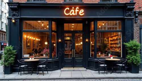 Urban cafe with black exterior, neon Cafe sign. People sit at tables outside, inside. Modern eatery design. Business facade. Evening scene. Stylish cafe in city. European style building. Drink, food