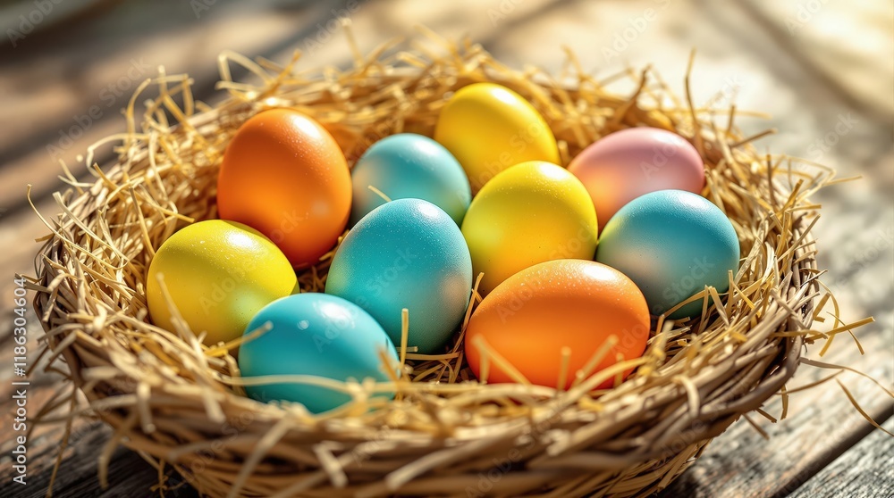 Colorful Easter eggs in a straw nest. Perfect for Easter cards, spring decorations, and holiday celebrations. Bright, cheerful image Colorful Easter eggs in a straw nest. Perfect for Easter cards, spring decorations, and holiday celebrations. Bright, cheerful image