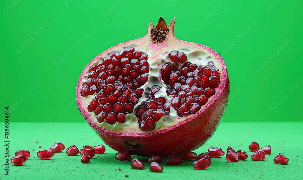 Juicy pomegranate half, seeds scattered, green background.