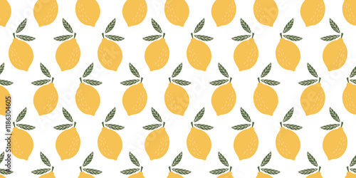 Elegant Seamless Lemon Pattern with Vibrant Yellow Fruits and Green Leaves on White Background for Fresh and Modern Decorative Designs