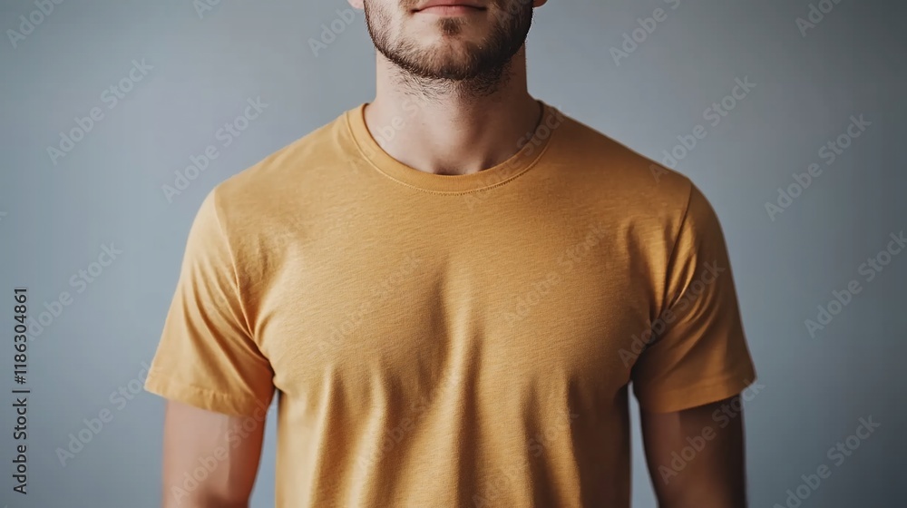 Close-up of a man's torso wearing a mustard yellow t-shirt against a gray background. Close-up of a man's torso wearing a mustard yellow t-shirt against a gray background.