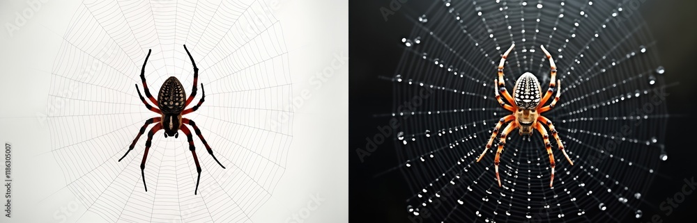 Fototapeta premium Spider sits in intricate spiderweb. Web pattern on contrasting backgrounds. Digital art piece for graphic design projects. Creative design element for web design projects. Halloween themed artwork.
