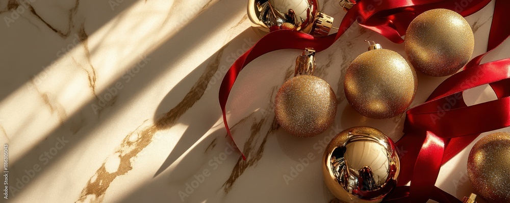 Elegant Christmas flat lay with golden ornaments and red ribbon, luxury festive aesthetic. Elegant Christmas flat lay with golden ornaments and red ribbon, luxury festive aesthetic.