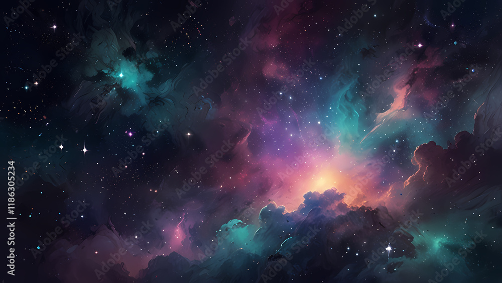 Fototapeta premium A cosmic-themed abstract illustration of a night sky filled with luminous stars and nebulae, blending soft pastel tones with streaks of light and shimmering textures for a magical and futuristic look