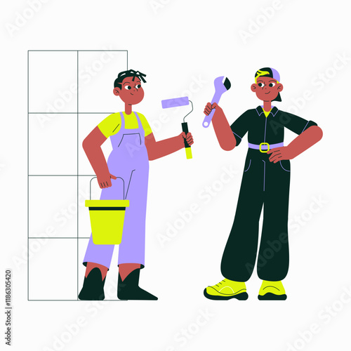 Two Male Workers Holding Painting Roller And Wrench In Flat Vector Illustration Symbolizing Construction, Repair, And Home Improvement, Isolated On White Background