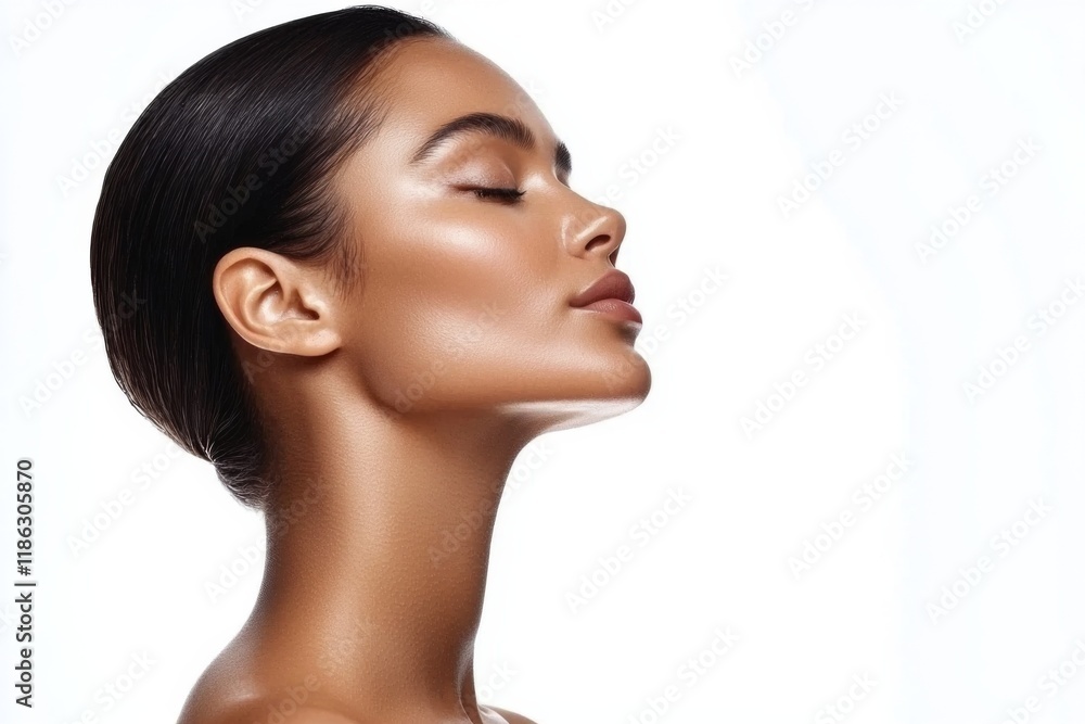 Profile portrait of a woman showcasing radiant skin and elegant features against a plain backdrop Profile portrait of a woman showcasing radiant skin and elegant features against a plain backdrop