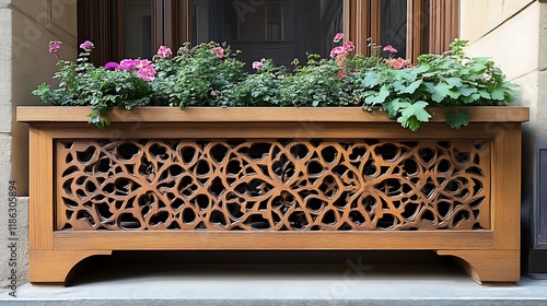 Ornate Wooden Planter Box With Pink Flowers