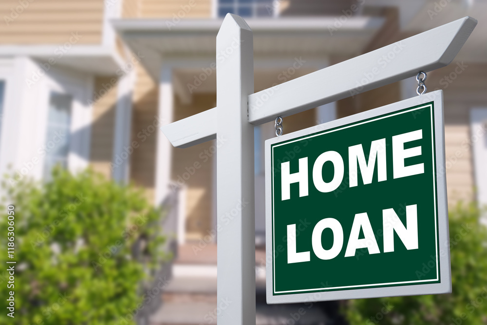 Fototapeta premium HOME LOAN sign against a house. Close-up.