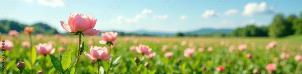 Soft peach peonies in full bloom against a backdrop of lush green fields with clear blue sky, serene, nature Soft peach peonies in full bloom against a backdrop of lush green fields with clear blue sky, serene, nature