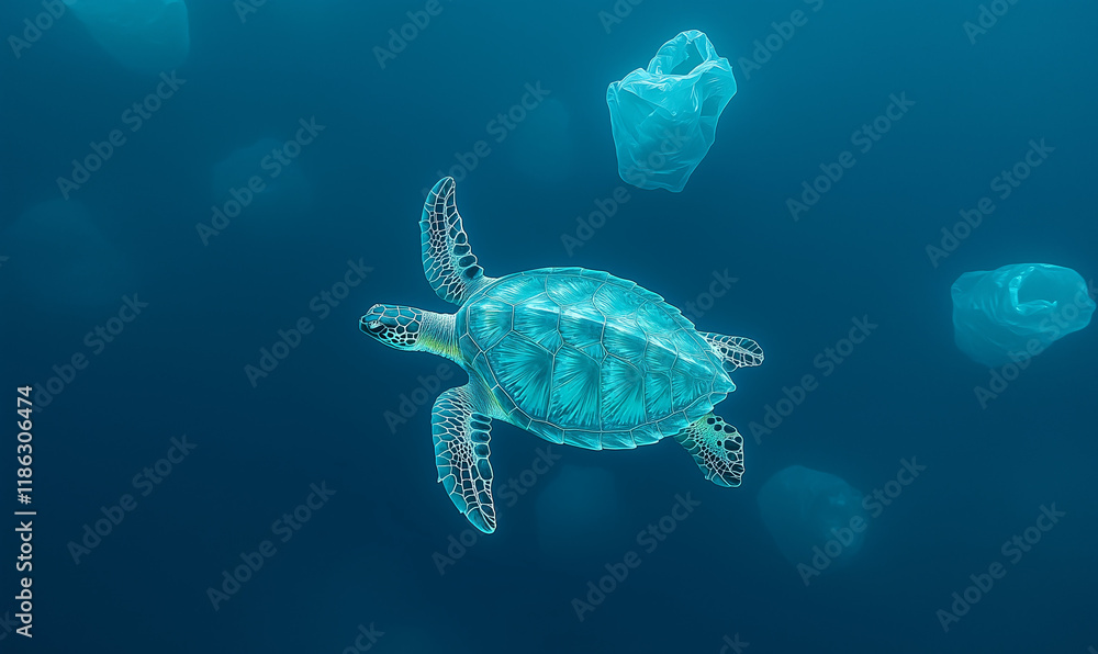 Ocean's Peril: A sea turtle swims amidst plastic pollution in a poignant underwater scene. A stark reminder of environmental challenges. Ocean's Peril: A sea turtle swims amidst plastic pollution in a poignant underwater scene. A stark reminder of environmental challenges.