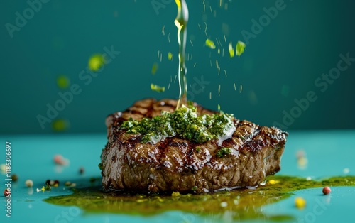 A chargrilled steak with chimichurri sauce pouring gracefully in motion on a vibrant teal backdrop photo