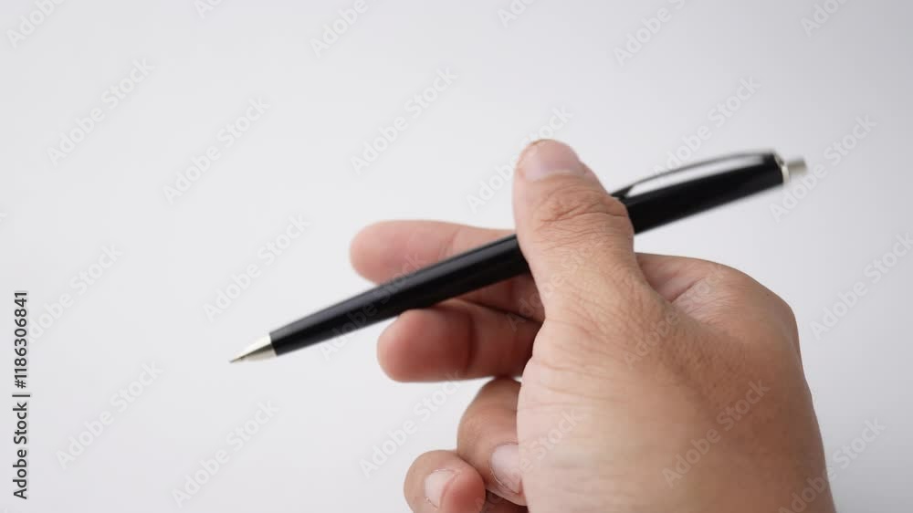 Someone is twiddling and wiggling their pen in hand, a psichological gesture that indicates anxiety, impatience, or boredom. Isolated on white background Someone is twiddling and wiggling their pen in hand, a psichological gesture that indicates anxiety, impatience, or boredom. Isolated on white background