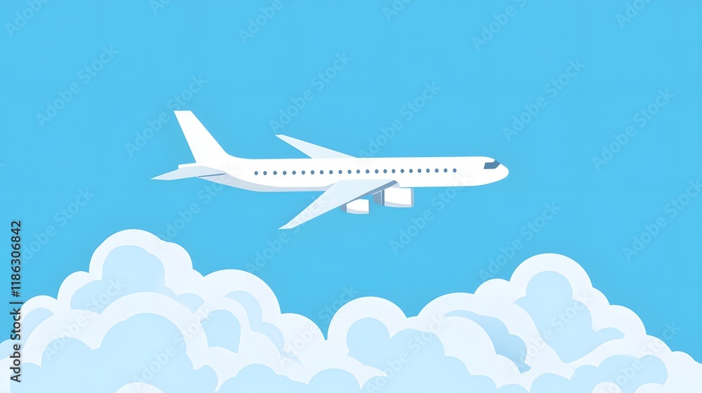 Naklejka premium White Airplane Soaring Above Fluffy Clouds In Blue Sky
