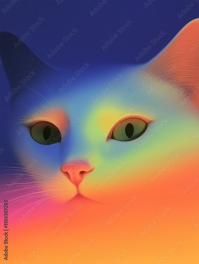 Cat in a Rainbow: A close-up portrait of a white cat's face, bathed in a vibrant spectrum of colors, creating a mesmerizing and surreal effect. Cat in a Rainbow: A close-up portrait of a white cat's face, bathed in a vibrant spectrum of colors, creating a mesmerizing and surreal effect.