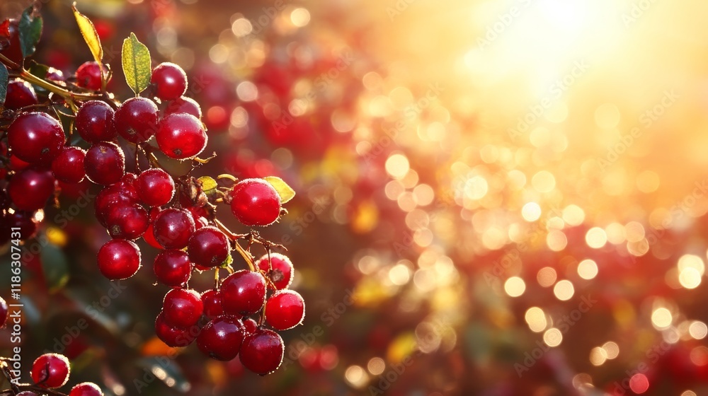 Close up cranberry shrub bearing fruits full on branch against sunset light Close up cranberry shrub bearing fruits full on branch against sunset light