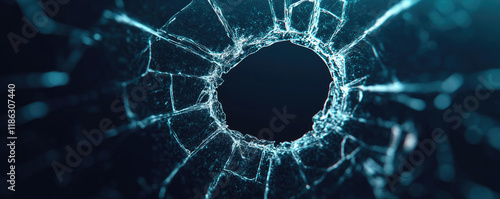 A close-up view of a bullet hole, showcasing cracked edges and intricate network patterns around a dark center, conveying themes of impact and destruction. photo