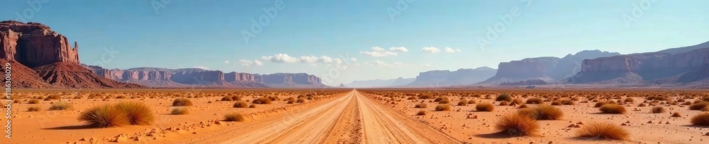 Vast desert stretches towards distant mountains, barren terrain, desert landscape, mountains Vast desert stretches towards distant mountains, barren terrain, desert landscape, mountains