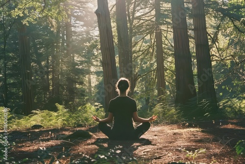 A person meditating in a serene forest, surrounded by tall trees and soft sunlight.
