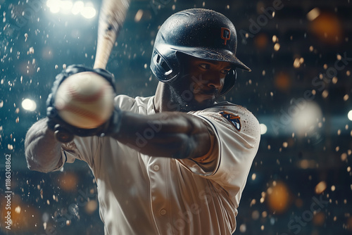 baseball player is swinging a bat at a ball. The image is in black and white and has a moody, dramatic feel to it photo