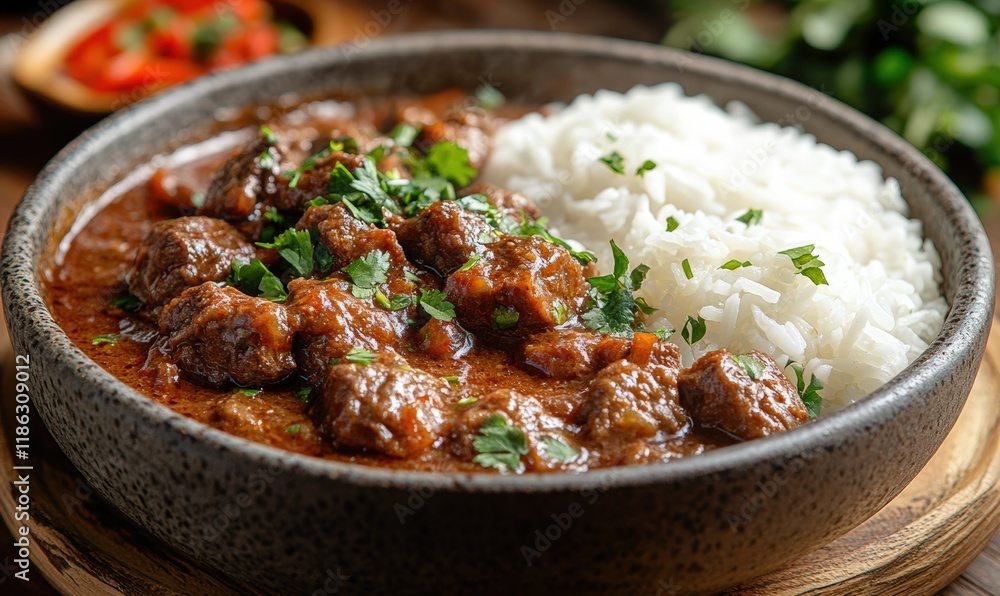 A high-resolution ultra-realistic shot of Indonesian rendang, with tender beef in a rich A high-resolution ultra-realistic shot of Indonesian rendang, with tender beef in a rich
