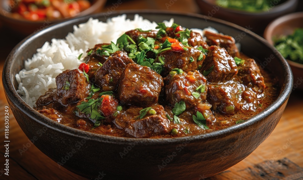 A high-resolution ultra-realistic shot of Indonesian rendang