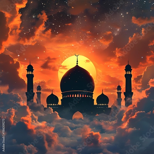 A dramatic Islamic background with the silhouette of a mosque s dome and minaret against a fiery red sunset  surrounded by soft clouds and stars
 photo