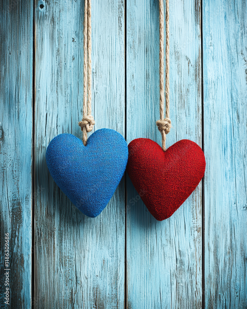 Modern and Traditional Fusion, Two decorative fabric hearts, one blue and one red, hang from ropes against a rustic wooden background, symbolizing love and warmth. Modern and Traditional Fusion, Two decorative fabric hearts, one blue and one red, hang from ropes against a rustic wooden background, symbolizing love and warmth.