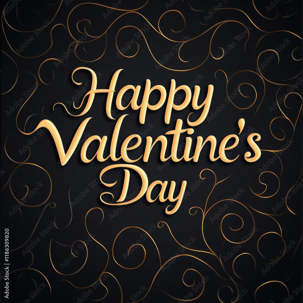 Happy Valentine Day with elegant gold lettering on black background, featuring decorative swirls that enhance romantic theme. Perfect for celebrating love and affection Happy Valentine Day with elegant gold lettering on black background, featuring decorative swirls that enhance romantic theme. Perfect for celebrating love and affection