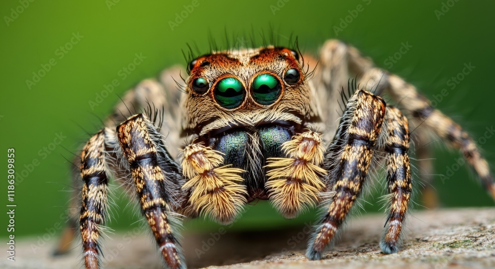 Close-up of a vibrant spider showcasing its unique green eyes Close-up of a vibrant spider showcasing its unique green eyes